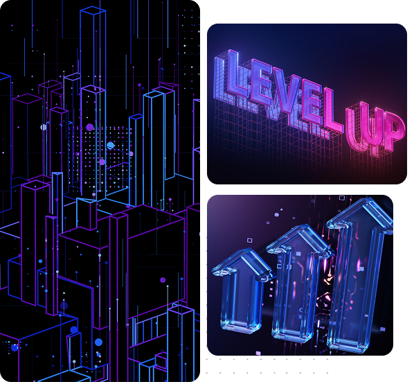 3D neon Level Up sign with upward arrows