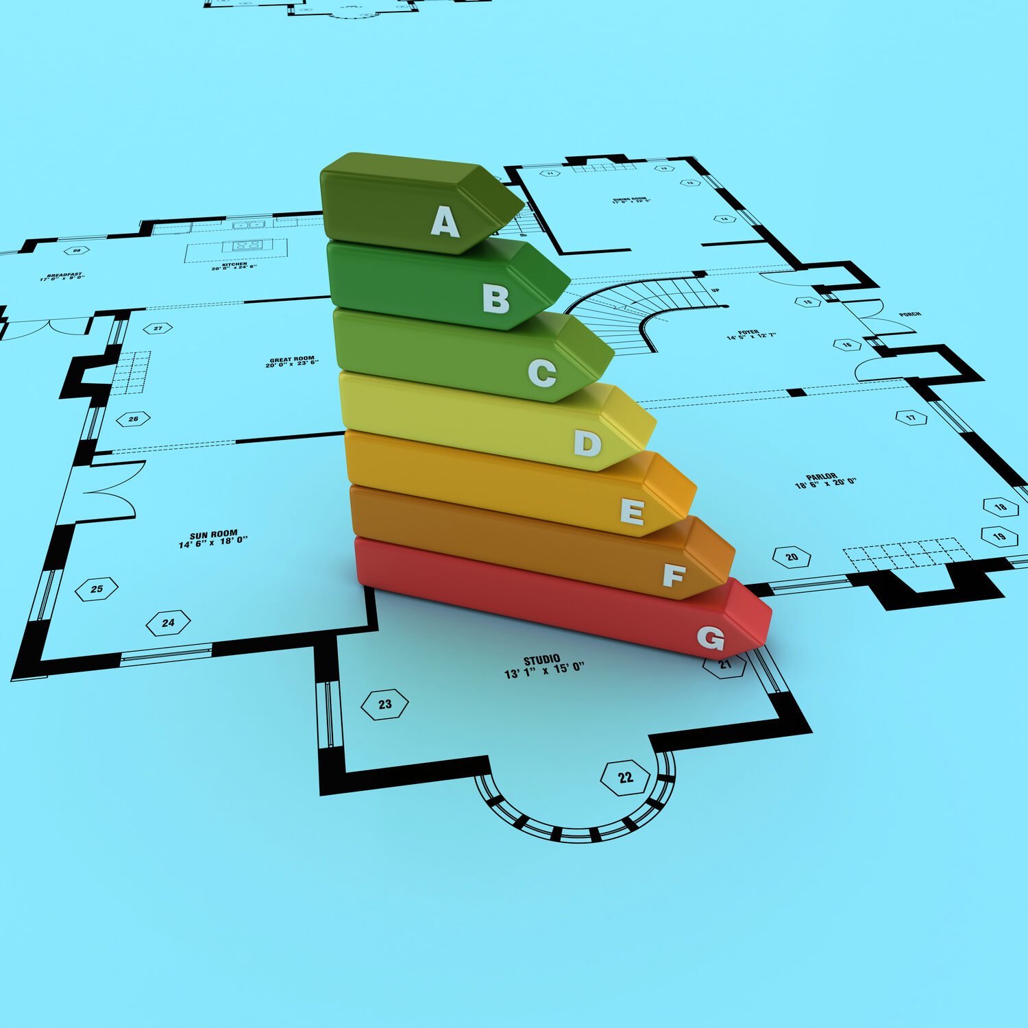 Home energy efficiency rating bars on blueprint