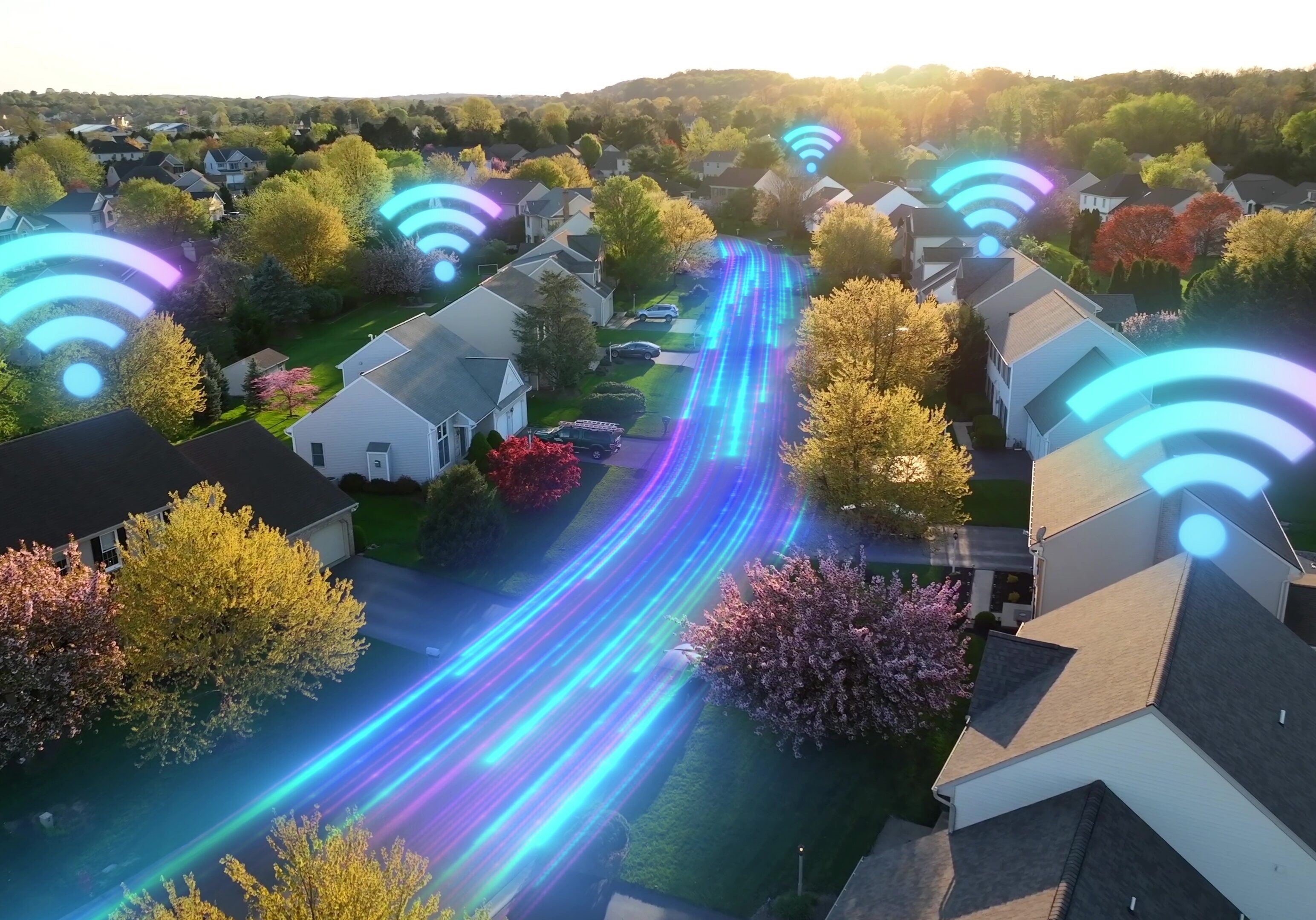 Wifi over modern American houses. Golden hour sunset with futuristic neighborhood. Wifi internet connected broadband in suburban town. Internet of things. Aerial. Graphic