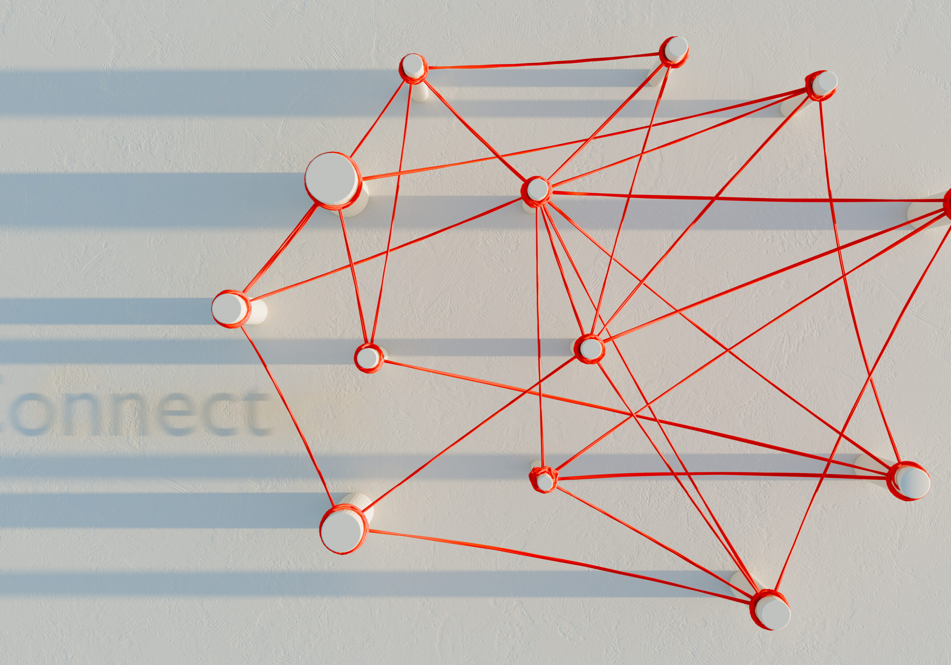 Red network of connected nodes casting shadows