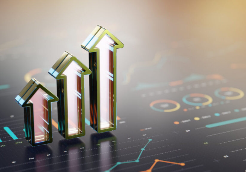 A futuristic scene of ascending arrows symbolising market growth, overlaid with charts, graphs, and a world map. Ideal for themes of finance, data analytics, and business expansion.